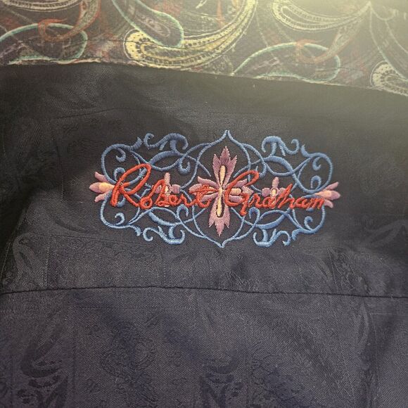 Robert Graham Mens Flip Cuff Button Down Shirt Size XL Paisley Print Navy - Picture 3 of 13